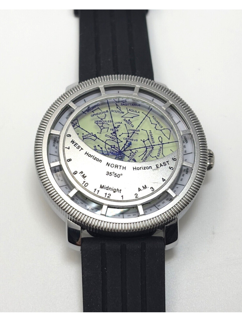 WatchDesign Planisphere 43mm Silver Case Black Rubber Strap Men's Wrist Watch